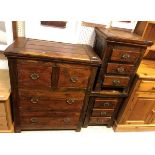 A modern Indian teak chest of two short over two long drawers and pair of matching three drawer