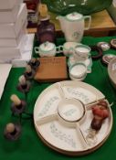 A Midwinter Stylecraft semi-porcelain coffee set, a Poole leaf pattern hors d'oeuvres set,