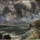 DANIEL BACKHOUSE "North Wind Aberbach" a wild coastal seascape with storm clouds, oil on board,