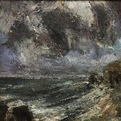 DANIEL BACKHOUSE "North Wind Aberbach" a wild coastal seascape with storm clouds, oil on board,