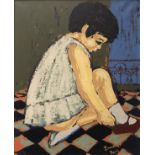 MID 20TH CENTURY FRENCH SCHOOL "Young girl putting on her shoe" a portrait study, oil on canvas,