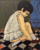 MID 20TH CENTURY FRENCH SCHOOL "Young girl putting on her shoe" a portrait study, oil on canvas,