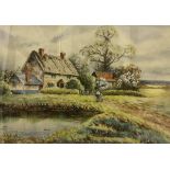 E LIVERMORE "Rural scene depicting figures in front of a thatched dwelling" watercolour heightened