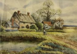 E LIVERMORE "Rural scene depicting figures in front of a thatched dwelling" watercolour heightened