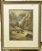 19TH CENTURY ENGLISH SCHOOL "Figures Fishing in a gorge by Waterfall",