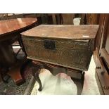 An 18th Century oak bible box the plain top over a lunette carved front panel CONDITION