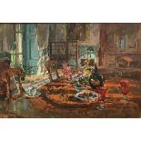 SUSAN RYDER "Venetian glass" an interior study, oil on canvas, signed lower right,