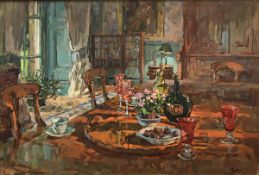 SUSAN RYDER "Venetian glass" an interior study, oil on canvas, signed lower right,
