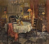 SUSAN RYDER "Kitchen scene with circular table and slat back chairs" oil on canvas,