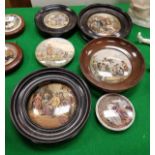 A collection of six Victorian pot lids including "Lend a Bite", "Hide and Seek",