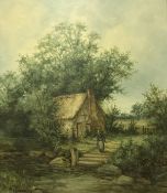 H GUMMERY "Rural scene" of woman outside a thatched dwelling, oil on panel,