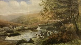 REVELL BURT "Beagles and figures by a river" oil on panel signed lower right together with AFTER H