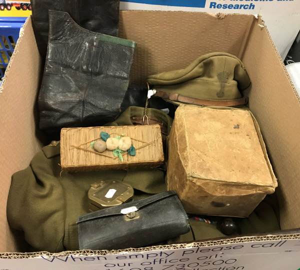 A collection of various militaria including leather cased travelling field surgeon's kit,