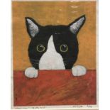 AFTER ANGELA DIGGLE "Where's mine? - Corky said!" study of a cat, colour print,