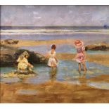 WITHDRAWN - 20TH CENTURY ENGLISH SCHOOL "Three young girls paddling on a beach" oil on canvas,