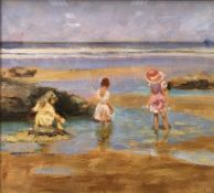 WITHDRAWN - 20TH CENTURY ENGLISH SCHOOL "Three young girls paddling on a beach" oil on canvas,