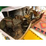 Two boxes containing various decorative items including small stool, embossed copper water jug,