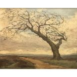 H M HORSLEY "Open landscape with windswept tree in foreground" oil on canvas,