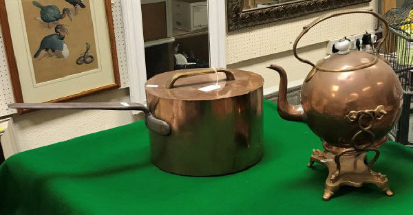 A Victorian copper saucepan with lid (possibly later) and copper and brass spirit kettle (burner