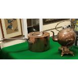 A Victorian copper saucepan with lid (possibly later) and copper and brass spirit kettle (burner
