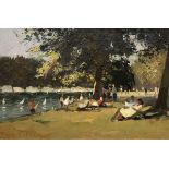 ROY PETLEY "Figures seated by water's edge at the Serpentine" oil on board,
