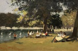 ROY PETLEY "Figures seated by water's edge at the Serpentine" oil on board,