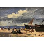 ROY PETLEY "Beach scene with figures and beached fishing vessels" oil on board,