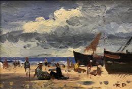 ROY PETLEY "Beach scene with figures and beached fishing vessels" oil on board,