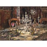 SUSAN RYDER "Sunlight and candelabra" an interior scene, oil on canvas, signed lower right,