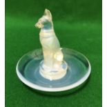 A Lalique opalescent glass pin dish with central fox decoration
