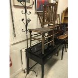 A modern black painted dressing table with wrought iron hat and coat stand and two various chairs
