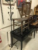 A modern black painted dressing table with wrought iron hat and coat stand and two various chairs