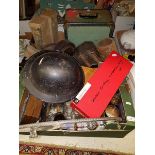 Two boxes of sundry items to include various plated wares, first aid bag, vintage skiis,
