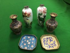 A pair of Cloisonne vases with floral decoration together with two further Cloisonne vases and two