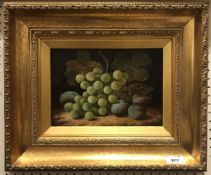O CLIVE (IN THE MANNER OF OLIVER CLARE) "Grapes and Plums on a Mossy Bank" oil on board,