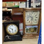 A Victorian painted metal mantel clock together with an American wall clock and a box of assorted