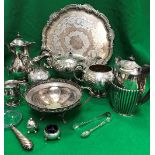 A collection of plated wares to include a three piece tea set stamped "R & B" (Roberts & Belk) to