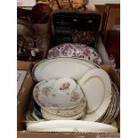 Three boxes of assorted sundry china, glass, etc, together with Aynsley "Arundel" dinner plates,