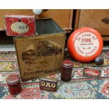 A collection of various printed decorated tins including Chadwell Biscuit shop tin, Oxo cube tin,