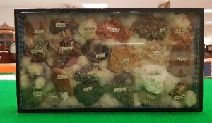 A cased display containing various minerals