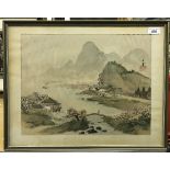 A pair of early 20th Century Japanese watercolours on silk of coastal mountain scenes,