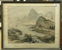 A pair of early 20th Century Japanese watercolours on silk of coastal mountain scenes,