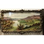 A framed painted ceramic tile of a landscape overlooking some lakes,