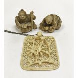 Two 19th Century carved ivory netsukes, one with a figure holding a gourd,