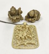 Two 19th Century carved ivory netsukes, one with a figure holding a gourd,