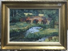 PHILIP MOYSEY "Landscape with Bridge, Stream in Foreground" oil on board, unsigned,