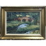 PHILIP MOYSEY "Landscape with Bridge, Stream in Foreground" oil on board, unsigned,