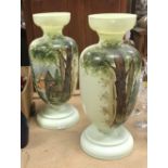 A pair of Victorian glass vases with painted Alpine scene decoration