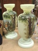 A pair of Victorian glass vases with painted Alpine scene decoration