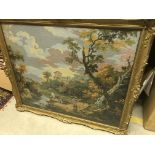 A modern needlework panel depicting a Continental scene with figures next to a stream,